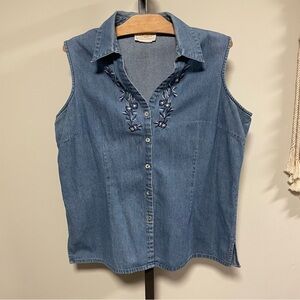 90s Vintage Tradition Floral Embroidered Denim Jean Button Down Vest Cottagecore
